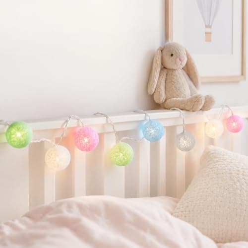 FACHOI Cotton Ball Fairy Lights, 1.5m/4.92ft Battery Powered String Lights, 10 LED Colorful Cotton Ball String Lights for Bedroom Wedding Party Home Christmas Decoration F6-MXQDD (Macaron) — view 4