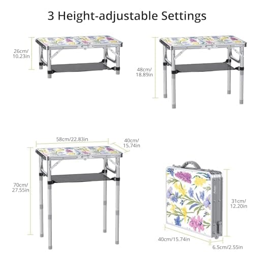 Anbte 2ft Folding Camping Table Max 70cm, 3 Adjustable Height Picnic Table with Storage Net Lightweight & Portable with Carry Handle, for Outdoor Indoor Camping Beach BBQ RV, Blooming Floral — view 3