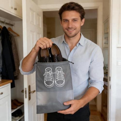10Pcs Travel Shoe Bags, 44 x 32cm Dust Proof Shoe Storage Bags, Large Drawstring Non-Woven Shoes Storage Bags, Drawstring Shoe Bag for Daily and Travel Use (Grey) — view 5