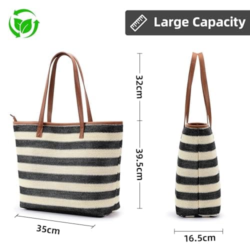 KALIDI Women Straw Tote Bag Summer Beach Woven Shoulder Handbag with Zip — view 5
