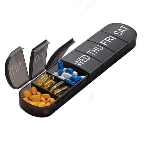 Portable Weekly Pill Box Organiser, 7 Day Travel Pill Case with Push Button Pop Open Lids Design, Black Weekly Tablet Pill Organiser for Vitamins, Supplements & Medicine Mark Curve