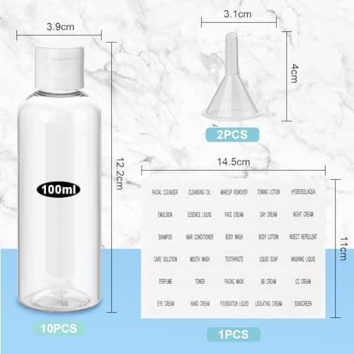 flintronic 10-Pack Transparent Travel Bottles Set, 100ML Refillable Containers for Toiletries, Shampoo, Cosmetic Liquid With 2 Funnels — view 2