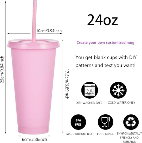 Yisituo 710ml Reusable Plastic Cups, 10 Pack Cold Cups with Lid and Straw, Tumblers Travel Mugs for Adults and Madam Party and Beach, Pool Gatherings (10, Light Pink) — view 2