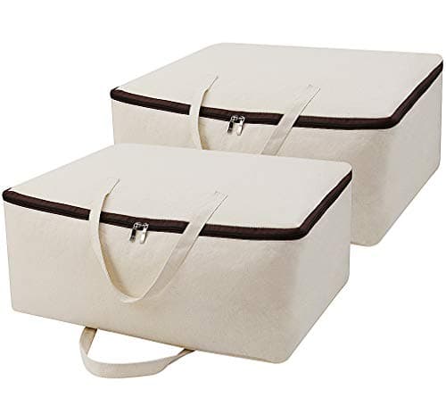 Pack of 2, Breathable Natural Cotton Canvas Soft Storage Bags with Handles & 3-side Zip, Good for Clothing Blankets Duvets Pillows Organizer in Wardrobe, Closet, Beige