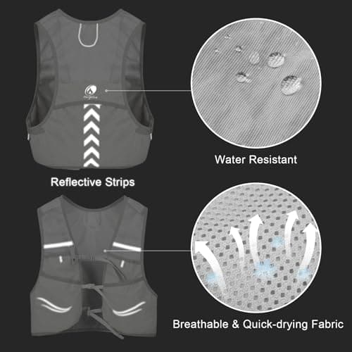 Outplea Breathable Reflective Running Vest with 2 pcs Soft Water Bottle for Men Women, Ultralight Hydration Vest for Jogging Trail Running Cycling Race Marathon, Grey/L — view 5