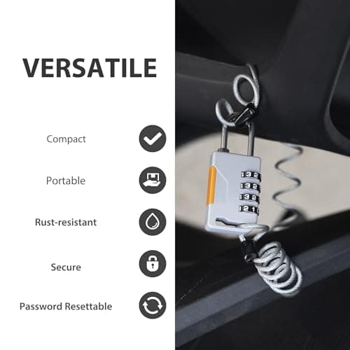 UP Security 4 Digit Combination Padlock with Retractable Cable (36in), Ski Lock, Combo Cable Lock for Snowboard, Travel Luggage, Suitcase, Bike, Gym Locker, Cabinet, Fridge, Refrigerator Door (Gray) — view 3