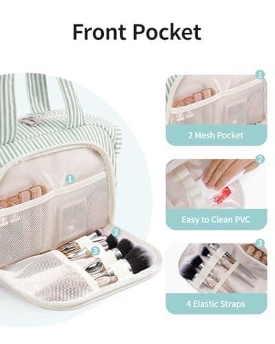 Narwey Toiletry Bags for Women, Large Full Size Wash Bag Women, Travel Size Toiletries Bag for Holiday Essentials, Makeup Bag Organizer Hospital Bag for Accessories (Mint Green Stripe) — view 3