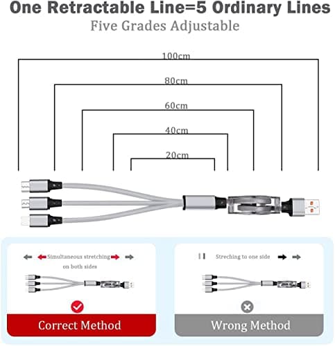 Amuvec 2 Pack 3 in 1 Retractable Charger Cable, 3A Fast Charge Grey Cord 1M — view 3