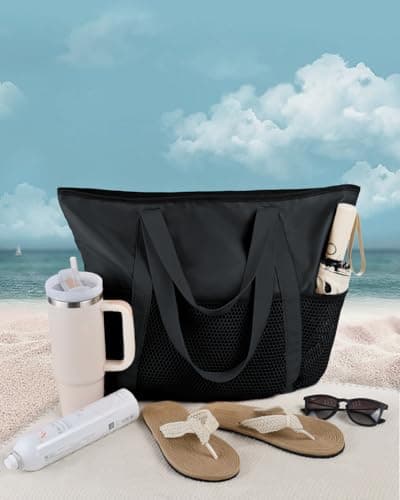 HOMESPON Beach Bag Large Waterproof Tote for Women with Zipper (M, Black) — view 3