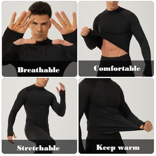 LANBAOSI 2 Pack Thermal Underwear for Men with Thumbholes Crewneck Long Sleeve Thermal Undershirt Men Base Layer Cold Weather, Black*2, Medium — view 5