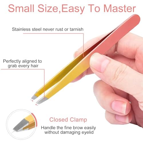 Professional Eyebrow Tweezers (7 Pcs) Precision Tweezers Set with Scissors Razor with Leather Case for Women Men Face Eyebrow Pink — view 4