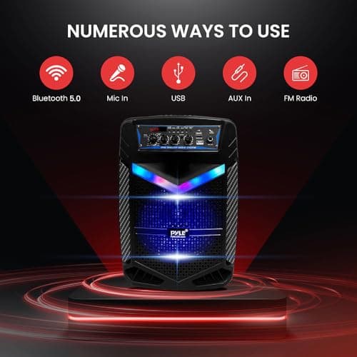 Pyle, Portable PA System, Active Speakers, Powered Speakers –400W Rechargeable Outdoor Bluetooth Speaker- w/ 18” Subwoofer 1” Tweeter, Microphone and Speaker, PartyBox Lights, Recording, USB/SD/Radio — view 3