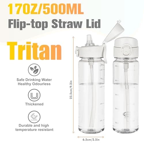 GOPPUS 500ml/17oz Clear Tritan Water Bottle with Straw Transparent Childrens Drinks Bottle with Carrying Handle See Through Measured Kid Bottles with Flip Top Lid Leakproof BPA Free (Clear) — view 2