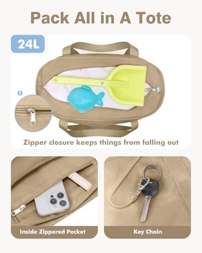 Beach Bag with Zip and Pockets Small Beach Tote Bags for Women, Khaki — view 3