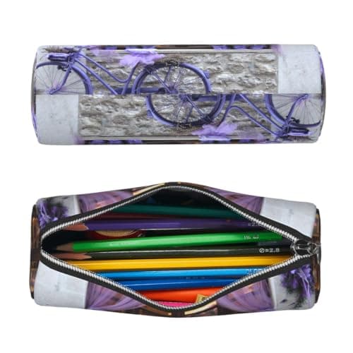 kkvhhyuo Leather Pencil PU Leather Cosmetic Makeup Bag, Purple Bike by The Window Printed Pen Bags with Silver Zipper Storage Box for School College Office Travel — view 3
