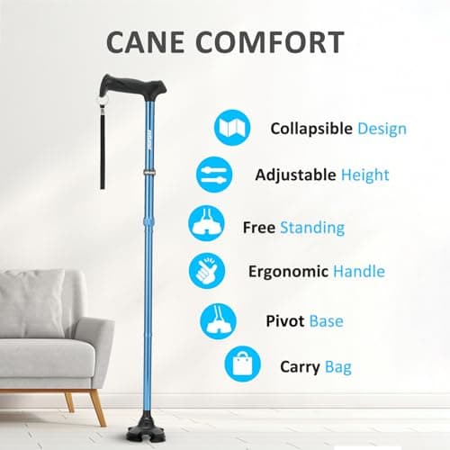 Rehand Walking Stick for Men & Women - Foldable, Adjustable, Lightweight, Self Standing Pivot Walking Stick, Soft Handle Grip, with Travel Bag, Walking Sticks for Seniors & Adults (Blue) — view 2