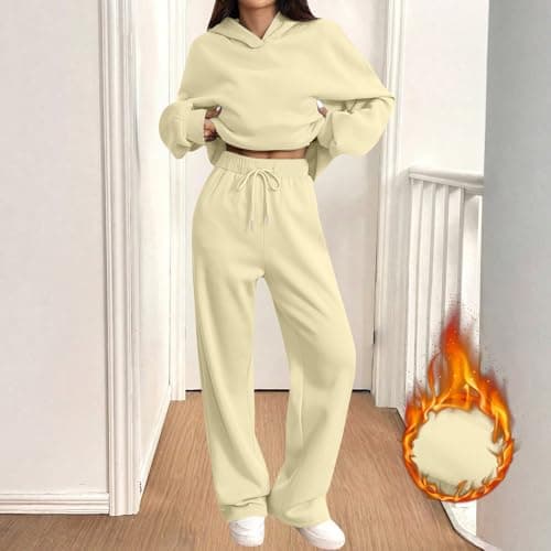 Tracksuit Womens Full Set Oversized 2 Piece Outfits Long Sleeve Hoodie and Sweatpants Women Lounge Wear Sets Fashion Sweatsuits Wide Leg Jogger Loose Loungewear Gym Fitness Activewear Set Beige L — view 5