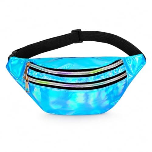 Fashion Metallic Bum Bag,Holographic Waist BagFanny Double Zipper Belt Bag Festival Rave Bumbags Waterproof Hip Pouch for Women Ladies Girls Travel Party Festival Sports Outdoor (Blue)