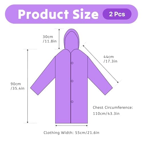 AropaeenGlowry 2pcs Kids Waterproof Rain Poncho with Hood & Sleeves - Reusable EVA Raincoat for Boys Girls, Camping & Travel, Purple — view 2