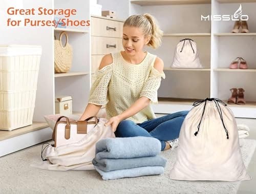 MISSLO Set of 3 Cotton Breathable Dust-Proof Drawstring Storage Pouch Multi-Functional Bag，Beige (Pack 3 L) — view 3