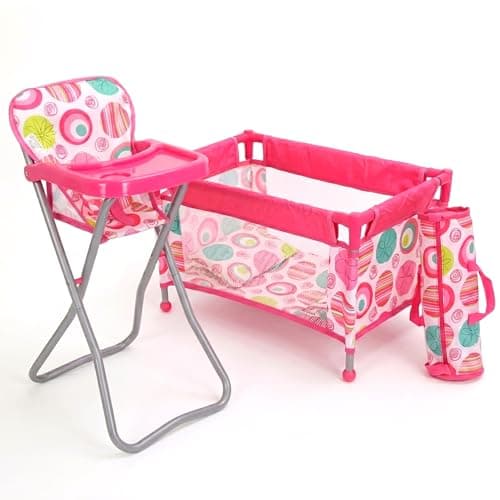 BiBi Doll Travel High Chair & Cot Bed Set with Carry Bag, Feeding Tray & Bedding - Folding Nursery Furniture for Dolls up to 20" - Pink Patterned Baby Doll Accessories for Girls & Boys Aged 3+