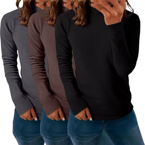 YCBMINGCAN Pack of 3 Women's Thermal Shirt Long Sleeve & Turtleneck Shirt Lightly Lined Soft Basic Top with Stand-Up Collar Thin Fleece Undershirt Winter Tops for Women, #3 Red, L — view 3