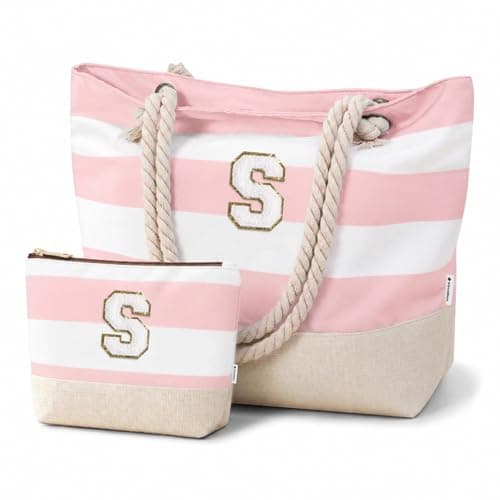 Vavabox Initial Beach Bag with Zip＆Pockets, Personalised Gifts for Women(S)