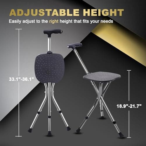 Walking Stick with Light & Seat- Adjustable Folding Walking Sticks for Women and Men - Lightweight Portable Collapsible Balancing Walking Aid - Travel Walking Cane for Ladies Elderly Adults (Black) — view 5
