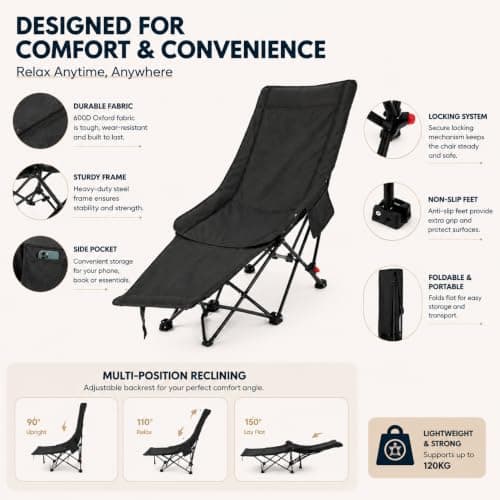 Emirates Living Reclining Camping Chair | 2 in1 Foldable Lounge Chair Bed with Adjustable Backrest | Extra Thick Cotton Padding | Portable Outdoor Chair for Garden, Camping & Travel — view 2