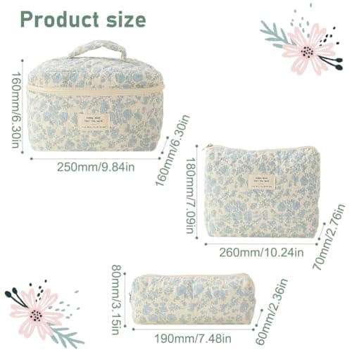 CHAMAIR 3Pcs Coquette Makeup Bag - Quilted Cosmetic Bag Large Make Up Bag Set Aesthetic Floral Toiletry Bag Cotton Travel Skincare Bag for Women Ladies Girls (Style B1) — view 6