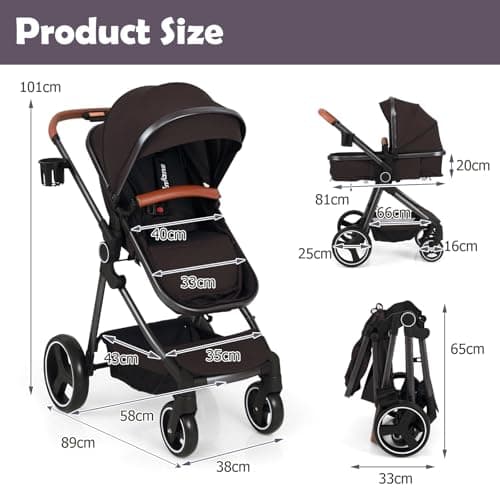 COSTWAY Baby Pushchair, Foldable Travel System Pram with Reversible Seat, Adjustable Canopy & Backrest, Storage Basket, Cup Holder, Aluminum Structure Stroller for 0-36 Months (Black) — view 6
