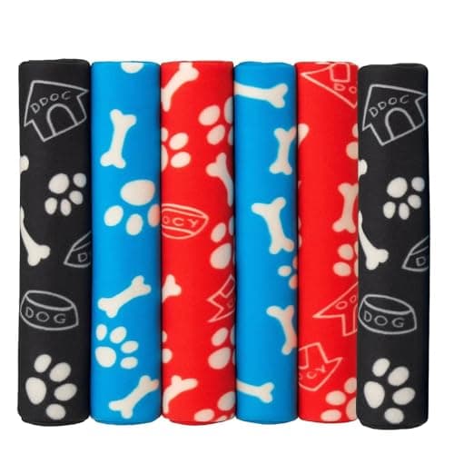 True Face 6 Pack Pet Blanket for Dogs & Cats, Thin Soft Washable Fleece Throw 100% Polyester Paw Print Design Ideal for Sofa, Bed, Crate, Travel Black/Blue/Red 55 x 80cm
