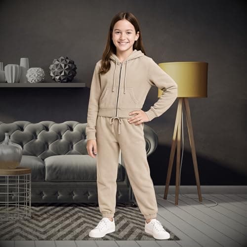 DELLMOOR Girl’s 2 Piece Tracksuits Teenagers Two Piece Terry Cotton Activewear Long Sleeve Outfit Zipped Fleece Hoodie and Jogging Bottom Set for Girls, Beige, 13-14 Years — view 3