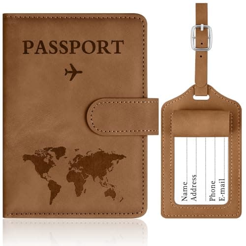 OFFCUP Passport Holder Cover, PU Leather Passport Cover and Luggage Tag Set with RFID Blocking Travel Wallet, Universal Travel Wallet Case Organiser for Money, Boarding Passes, Credit Cards Brown