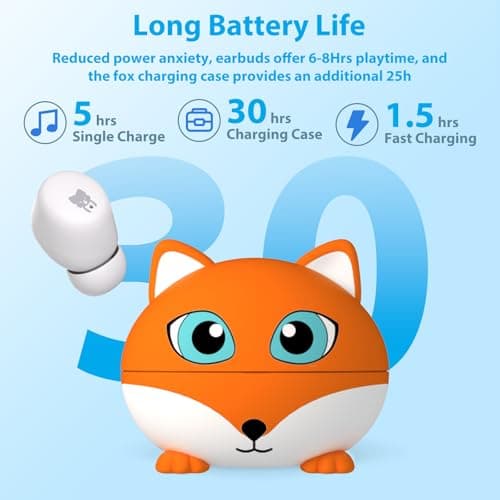Kids Wireless Earbuds, 85dB Safe Volume Limitted, Earbuds Bluetooth 5.3 with HiFi Stereo & Deep Bass, 30H Play Time, Waterproof, Kids Earbuds with Mic,Earphones for Girls Boys School Travel, Fox — view 3