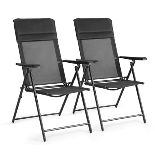 VOWNER Set of 2 Folding Chairs with Headrest Quick-Dry Mesh Black
