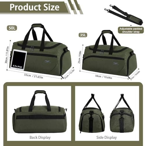 FIORETTO 35L Mens Sports Gym Bag with Wet Pocket & Shoe Compartment,Travel Duffle Bag Overnight Bag with Padded Shoulder Strap, Water-Resistant Sports Holdall for Swimming, Basketball Army Green — view 4