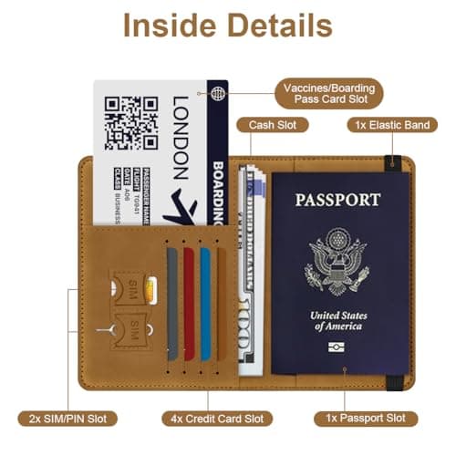 AOOSU Passport Holder Cover, PU Leather Passport Cover with RFID Blocking Travel Wallet, Portable Universal Travel Wallet Case Organiser for Money, Boarding Passes, Credit Cards Yellow-Brown — view 3