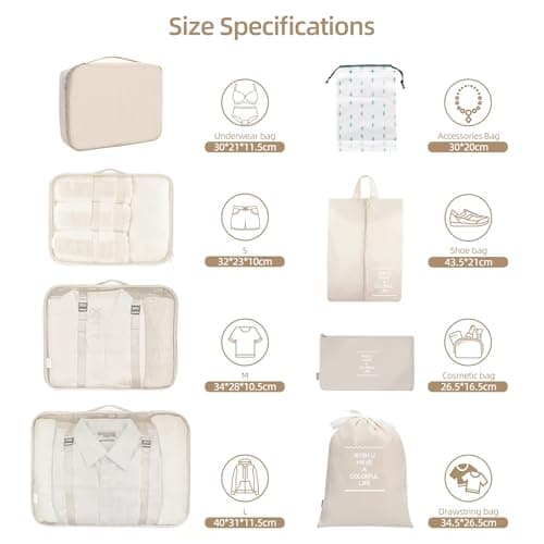 12Pcs Packing Travel Cubes for Suitcase Luggage Organizers with 5 Drawstring Bags,Suitcase Organiser Bag with Waterproof Shoe Storage Bag Compression Pouches Beige — view 3