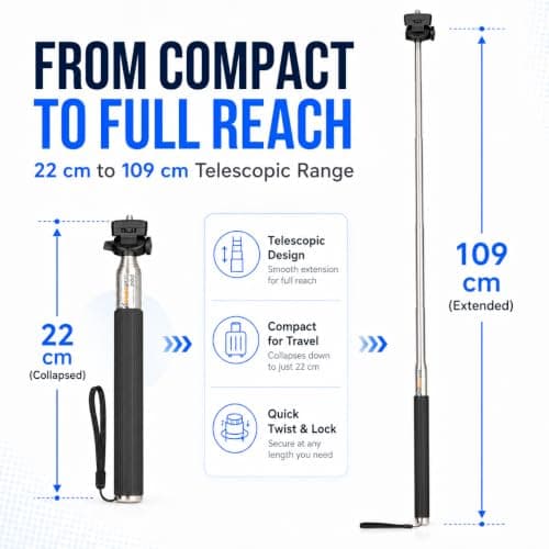 Selfie Stick - Traveller Monopod for Compact Digital Cameras, Action Cam - Works with Sony, Canon, Nikon, Panasonic and More with 1/4" Screw - Wrist Strap Included - Range: 22 to 109 cm - Black — view 4