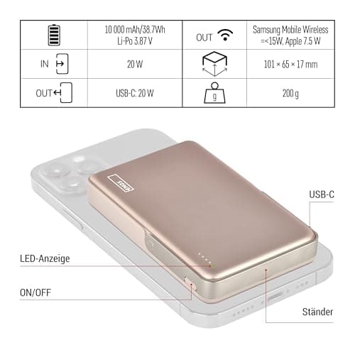 EMOS - Powerbank 10,000 mAh WI 1031 with magnet - Magnetic external battery with passthrough and wireless charging - USB-C port incl. USB data cable - for iPhone, iPad, smartphone, tablet - rose gold — view 3