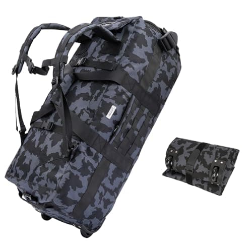 80L Waterproof Rolling Duffel Bag with Quick-Release Straps, Military Tactical Wheeled Foldable For Deployment Traveling Camping Sporting, Camouflage (Adjustable handle), Military Style