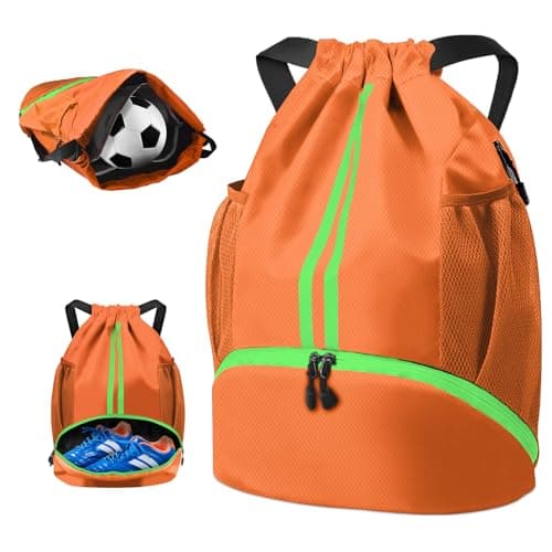 BROTOU Unisex Drawstring Backpack, Waterproof Gym Bag, Large Oxford PE Pack, Students School Backpack, Durable Sports Ball Bag, with Shoe Bag (A, Orange)