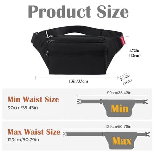 Risipu Bum Bag for Men Women, Lightweight Water-Resistant Waist Packs with Adjustable Belt & 3 Zipper Pockets, Fashionable Fanny Pack for Travel, Running, Hiking, Cycling (Black) — view 3