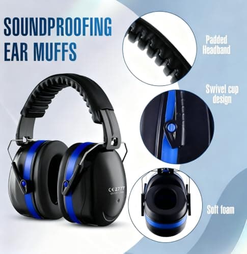 SNR 34dB Ear Defenders, Adjustable Lightweight Hearing Protection Earmuffs, Noise Reduction Noise Cancelling Headphones for Adults Kids Autism Shooting Construction Mowing Machinery Work DIY, Blue — view 3