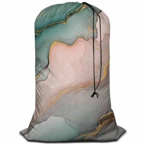 Swono Gold Abstract Marble Laundry Bag with Drawstring Straps, Heavy Duty Extra Large Laundry Bags for Laundromat and Household, Alcohol Ink Splash Liquid Washable Dirty Clothes Organizer, Easy Fits