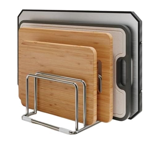 Stainless Steel Chopping Board Holder, Metal Chopping Board Rack Stand with 4 Slots, Multi-Function Cutting Boards Organizer for Kitchen Countertop Cupboard