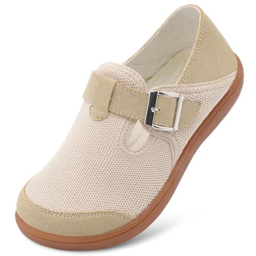 JIASUQI Barefoot Shoes Womens Wide Toe Walking Shoes Zero Drop Minimalist Loafer with Adjustable Strap Slip on Clogs(Beige 38,Size UK 5)