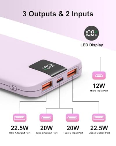 Odetrik Portable Charger 10000mAh 22.5W Power Bank, Fast Charging External Battery Pack with 3 Outputs & 2 Input, Type-C In/Out, LCD Display Portable Phone Charger for Smartphone, Tablets (Purple) — view 5