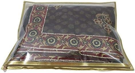 Set of 10 Transparent Saree Covers with Stainless Steel Zip Lock | Golden Border Storage Bags for Single Saree Pack | 14x17 Inch Clothes Organizer for Wardrobe & Travel Use — view 2